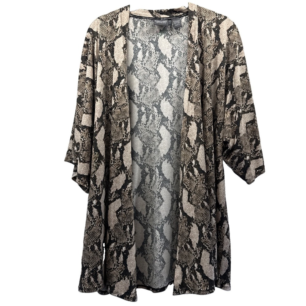 Chicos Additions Womens Cardigan Sz L Brown Snake 3/4 Sleeve Open Stretch Jacket